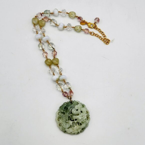 Vtg Joan Rivers Carved Faux Jade Koi Fish & Dragon Quartz Pendant Necklace - Picture 1 of 5